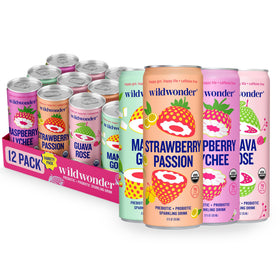 Wildwonder Sparkling Probiotic Drink can front shows real fruit for refreshing hydration.
