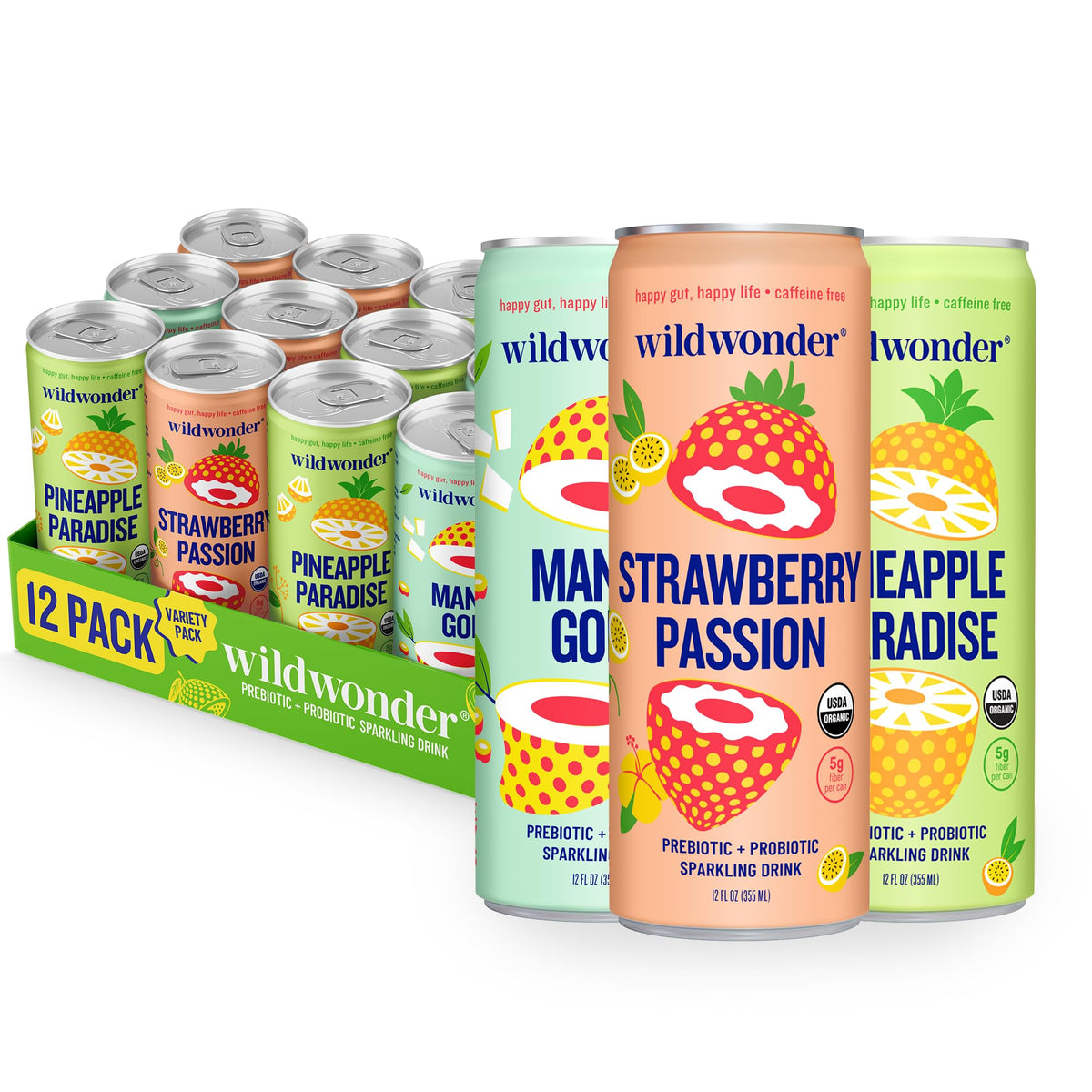 Wildwonder Sparkling Probiotic Drink can front view with tropical flavors