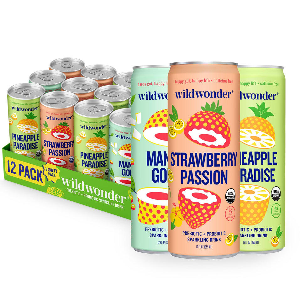Wildwonder Sparkling Probiotic Drink can front view with tropical flavors