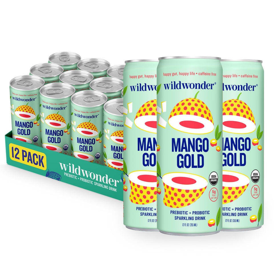 Wildwonder Mango Gold sparkling probiotic can in hand, a refreshing gut-friendly option