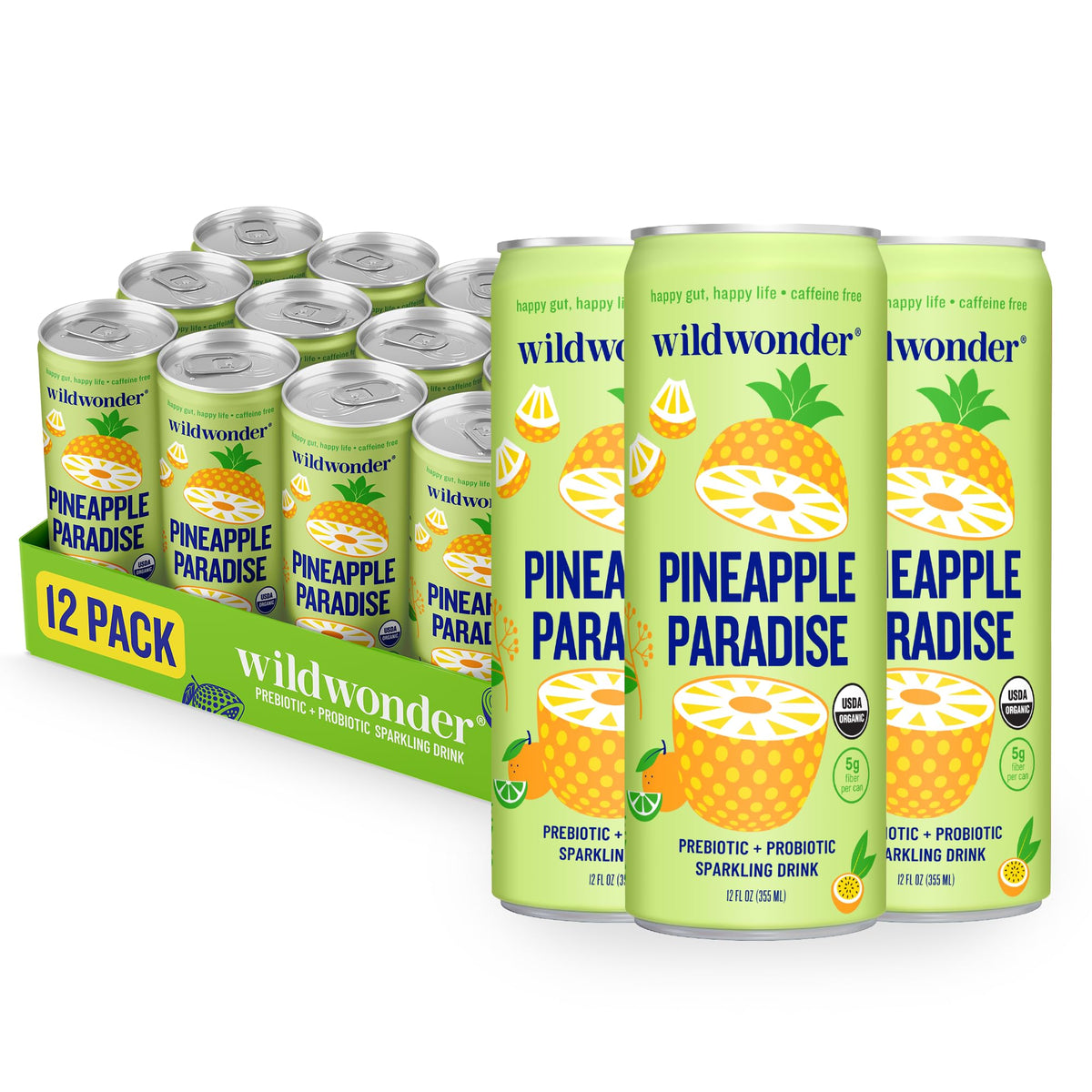 Wildwonder sparkling probiotic drink can with pineapple paradise provides a gut-friendly refreshment.