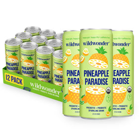 Wildwonder sparkling probiotic drink can with pineapple paradise provides a gut-friendly refreshment.