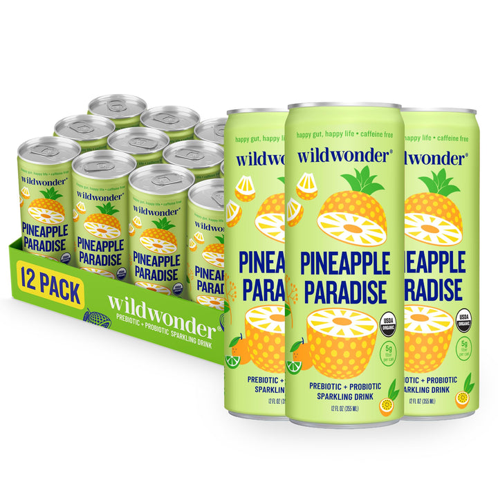 Wildwonder sparkling probiotic drink can with pineapple paradise provides a gut-friendly refreshment.