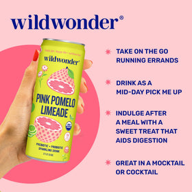 Wildwonder pink pomelo limeade bottle pour, vivid taste with real fruit and botanicals