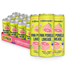 Wildwonder sparkling probiotic drink pink pomelo limeade can, refreshing and probiotic-rich for daily hydration