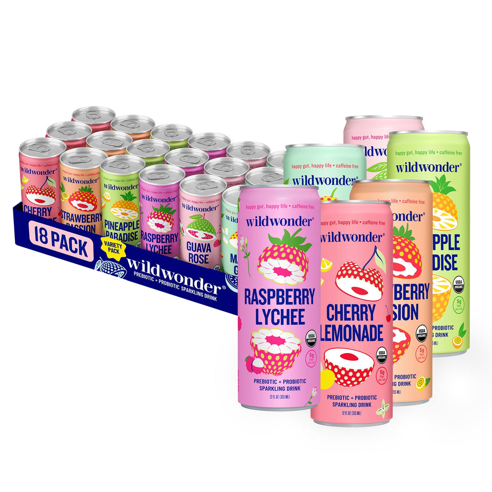 Wildwonder Sparkling Probiotic Juice Drink can showing 1B CFUs for gut balance