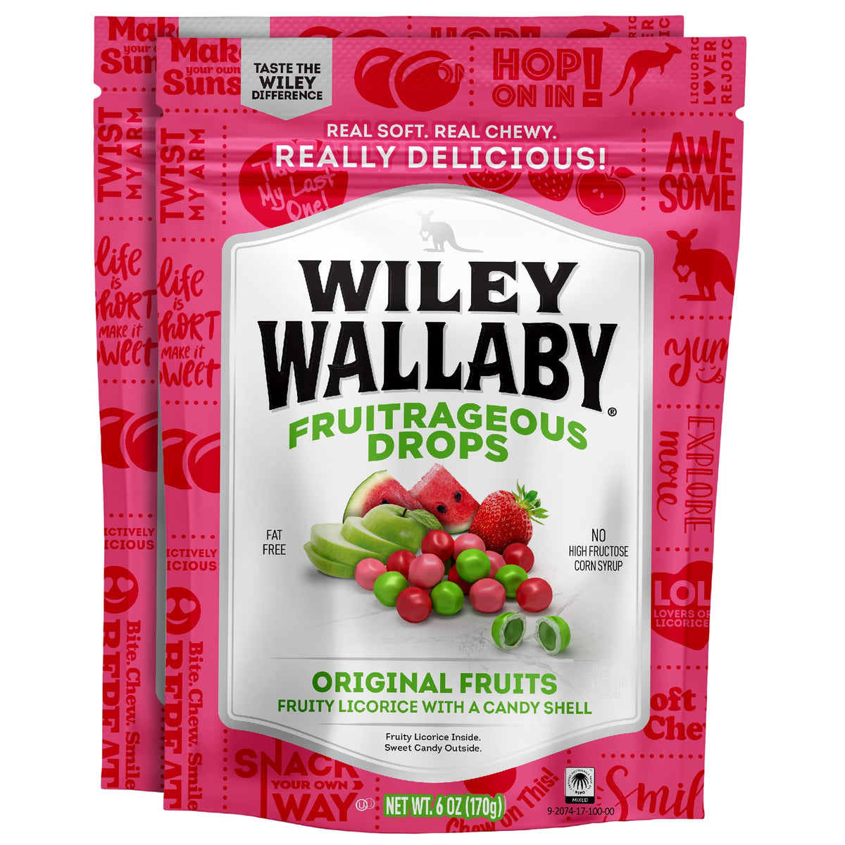 Wiley Wallaby FruitRageous Drops two-pack bag front for easy snacking