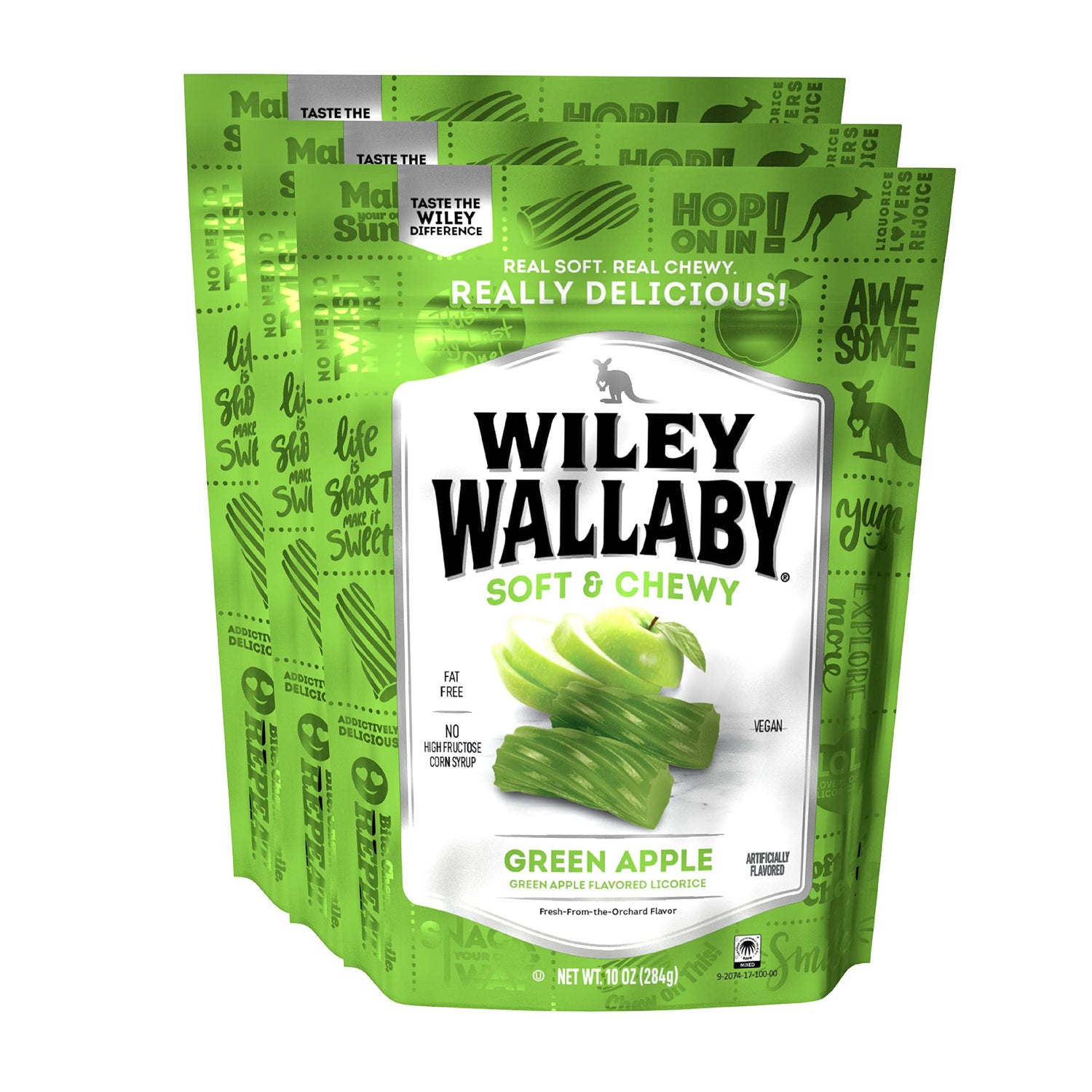 Wiley Wallaby Green Apple Licorice chunks deliver soft texture for quick snacking.