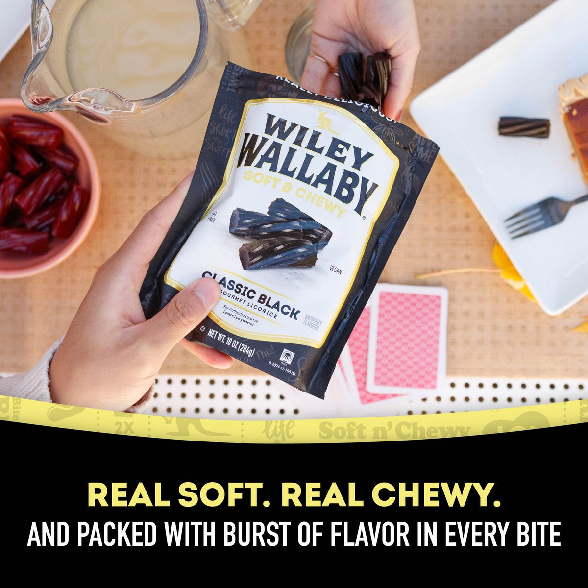 Wiley Wallaby licorice in a kitchen setting perfect for movie nights.