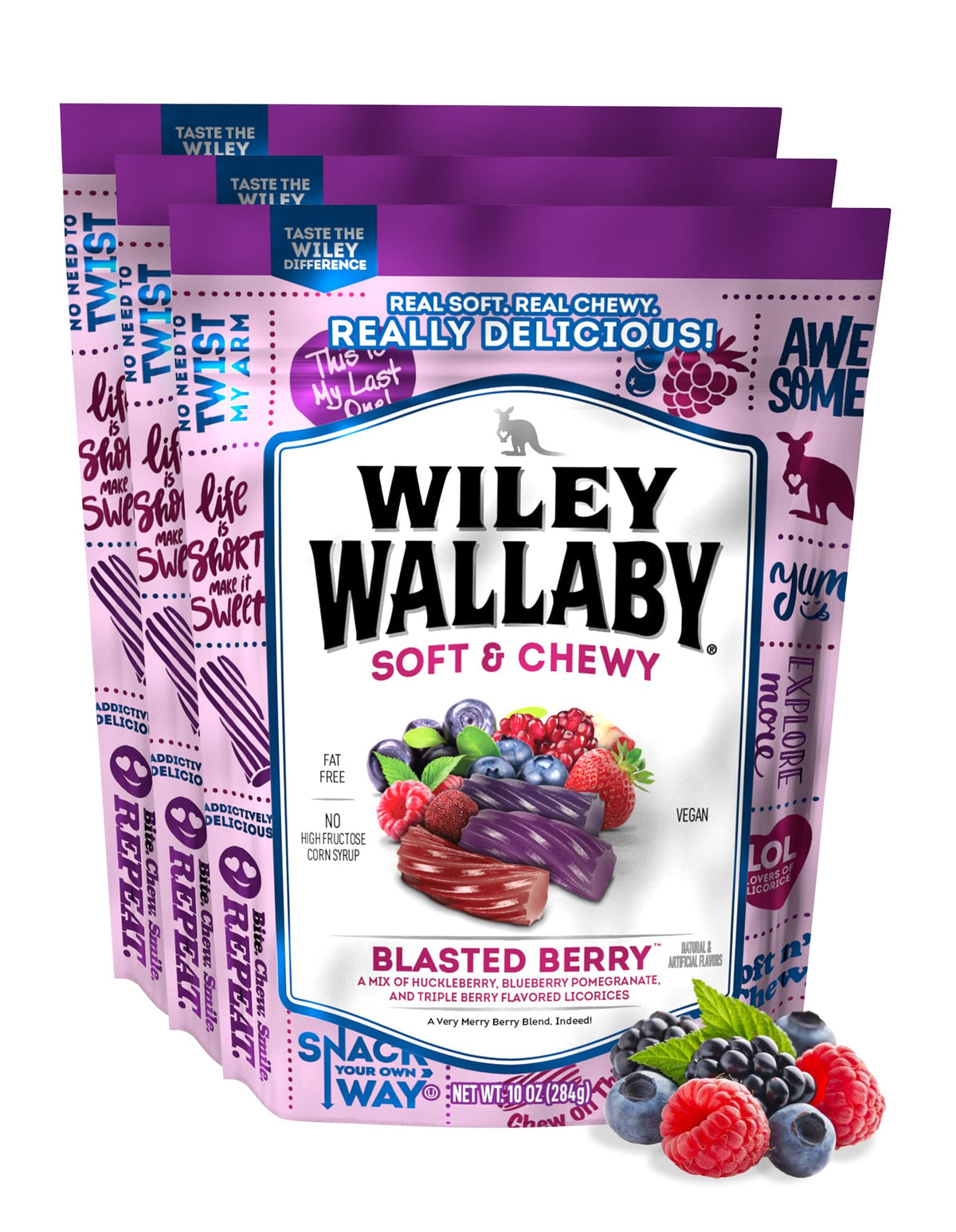 Wiley Wallaby blasted berry licorice 3-pack chunks offer bold fruit flavor for sharing.