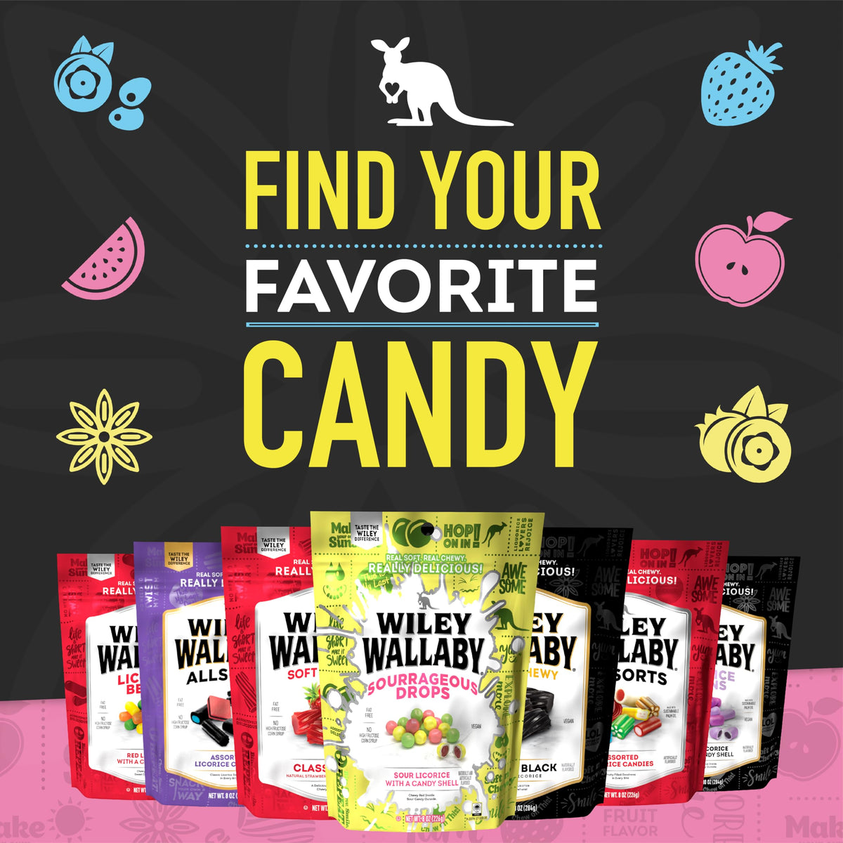 Wiley Wallaby allsorts licorice bag showing soft chewy texture