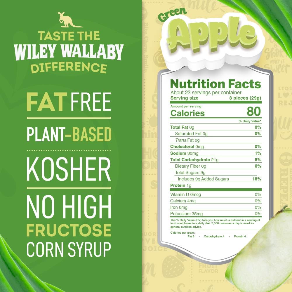Wiley Wallaby apple licorice soft-chewy close-up showcasing bold green apple flavor.