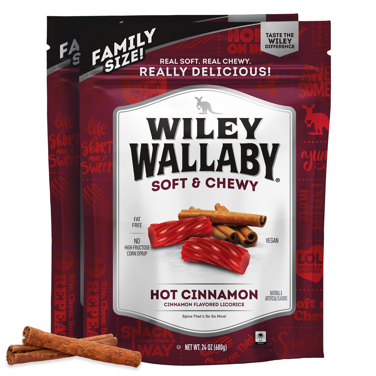 Wiley Wallaby cinnamon licorice twists 24oz, soft and chewy for on-the-go snacking.