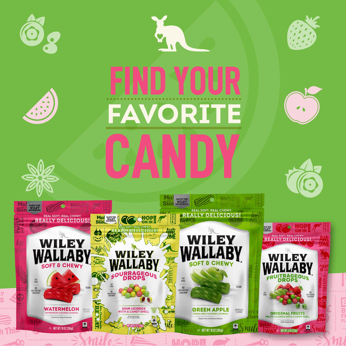 Assorted fruit flavors in Wiley Wallaby Fruitrage Drops