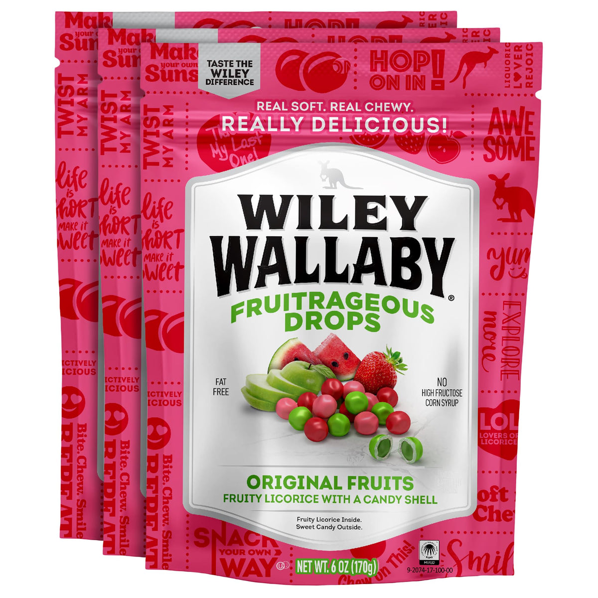 Wiley Wallaby Fruitrageous Drops packaging in a resealable bag for freshness