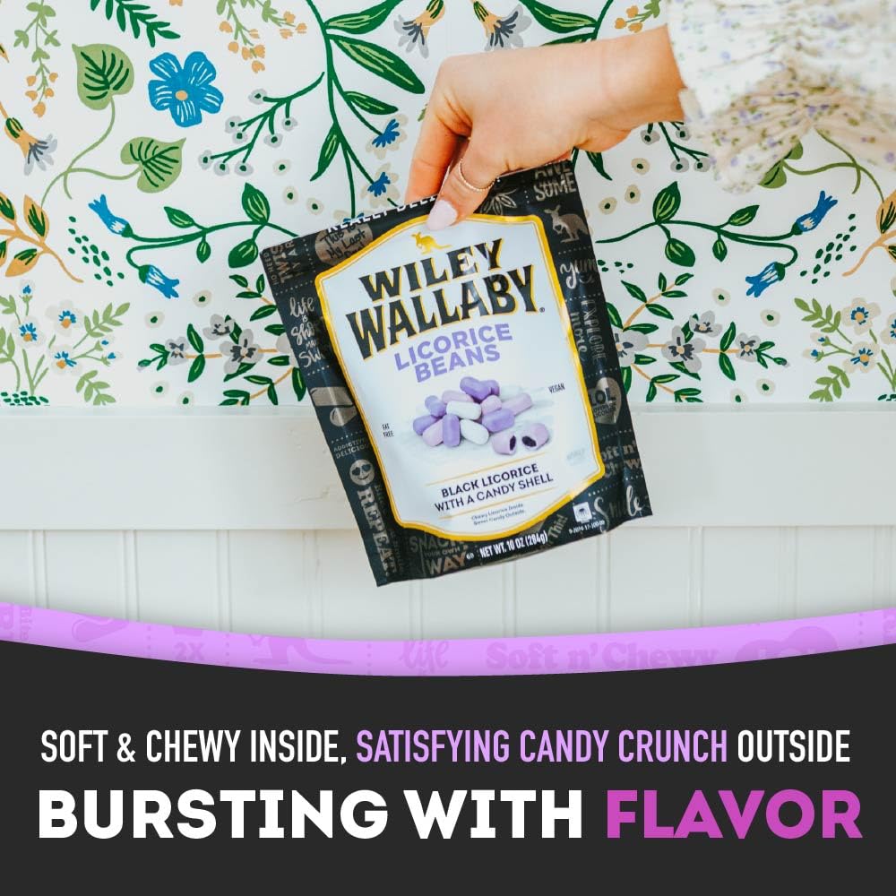 Wiley Wallaby glossy candy shell over licorice beans invites crunch.