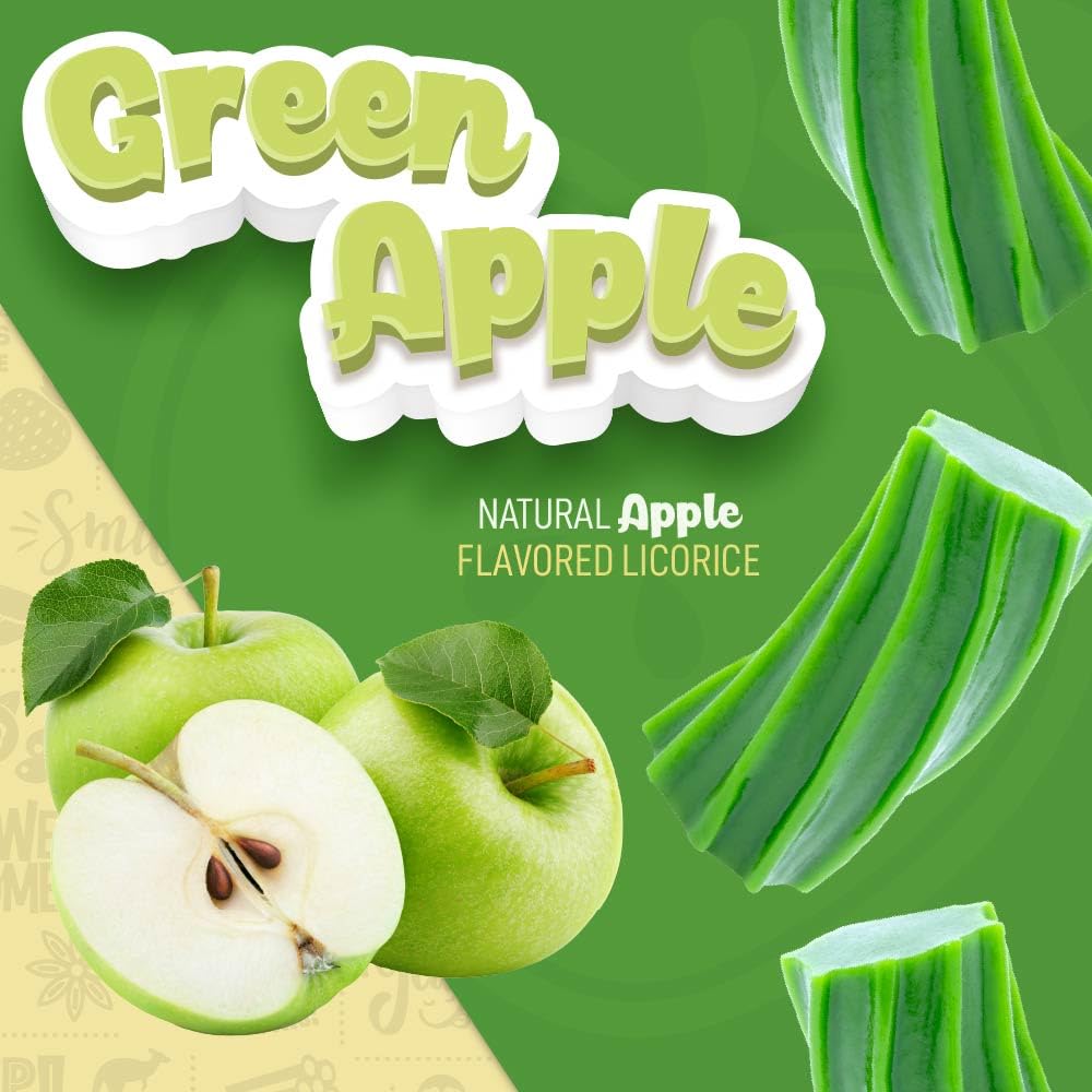 Wiley Wallaby green apple licorice bags on shelf with resealable packaging.