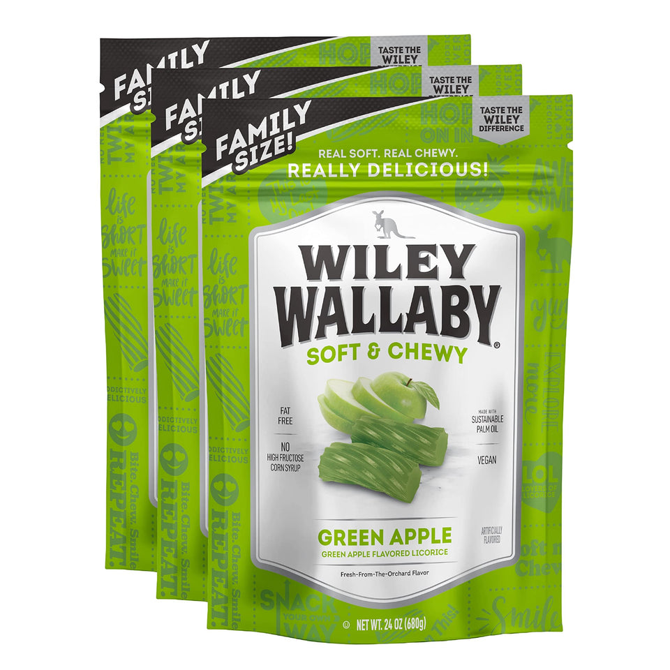 Wiley Wallaby green apple licorice twists in a three-pack with soft, fruity chews.