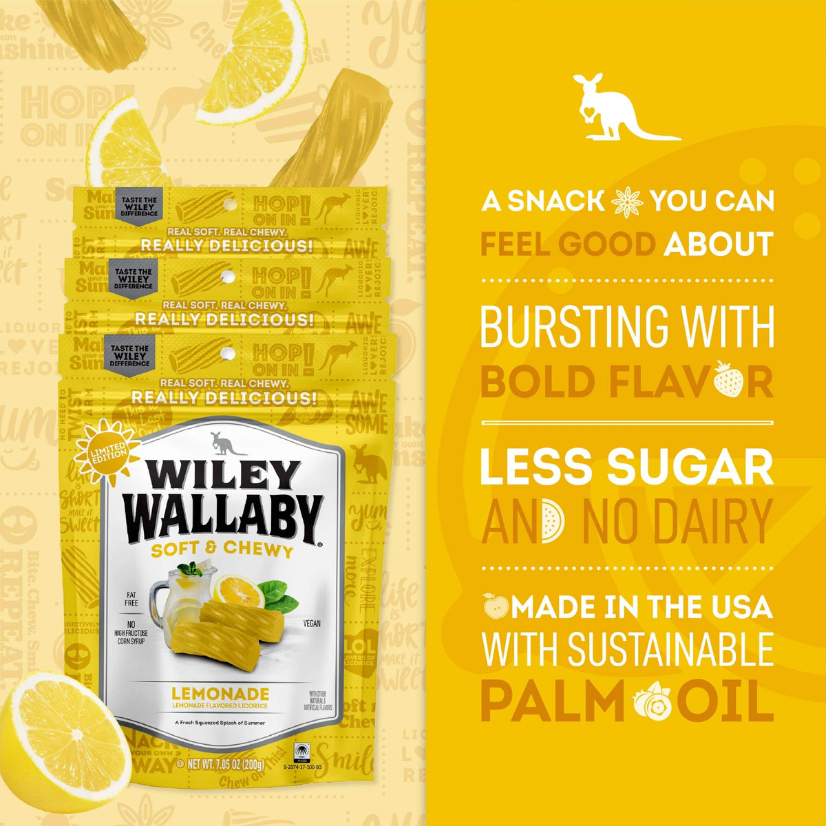 Wiley Wallaby lemonade closeup highlighting glossy licorice pieces