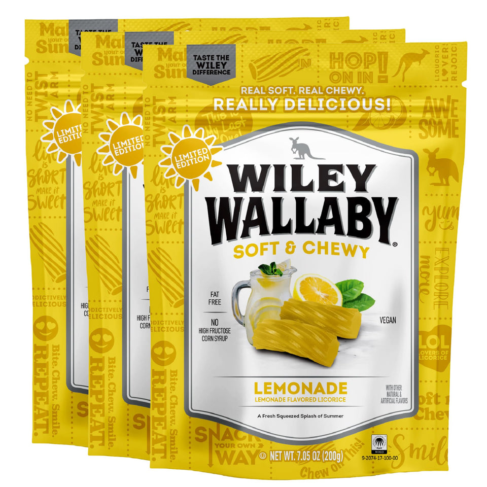 Wiley Wallaby Lemonade Licorice bites with soft, chewy texture for on-the-go snacking