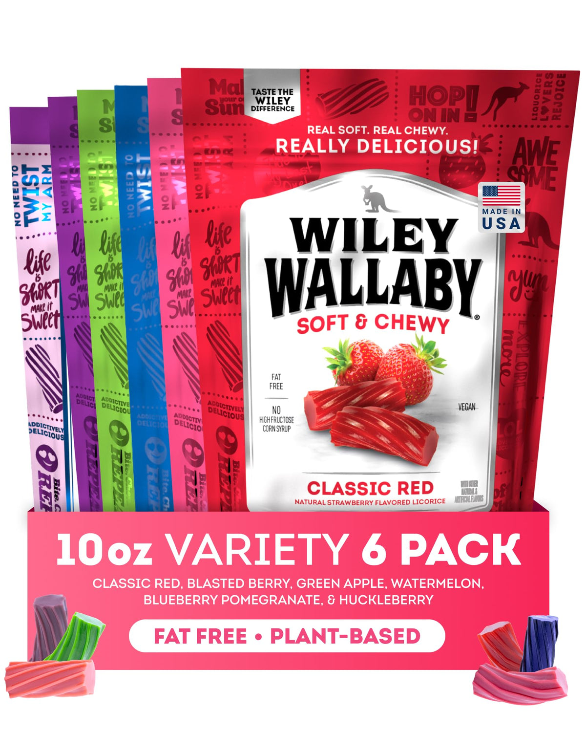 Wiley Wallaby licorice 10 oz bag front view, a gourmet vegan snack ready to share.
