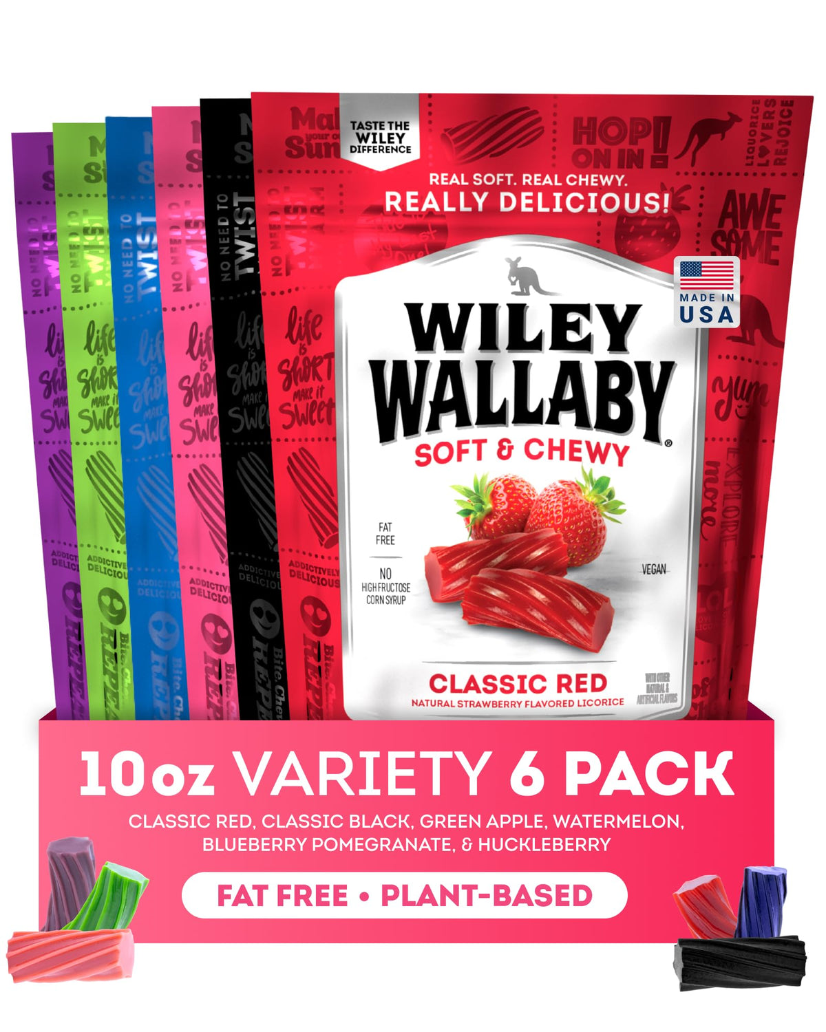 Wiley Wallaby licorice 10 oz variety pack showing colorful twists for sharing.