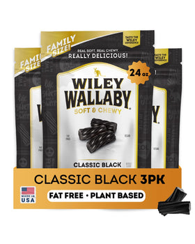 Wiley Wallaby licorice 24 oz three-pack packaging, convenient for sharing.