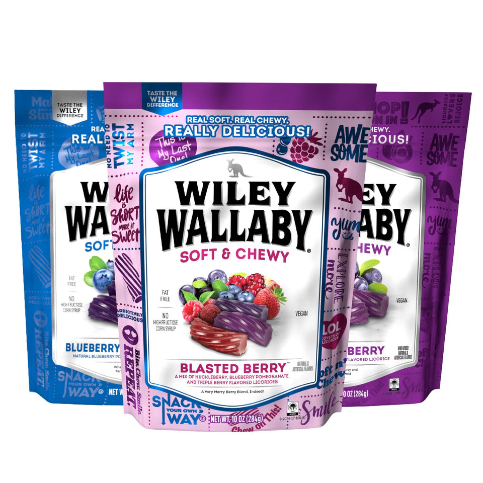 Wiley Wallaby licorice blueberry-pomegranate bites in a resealable bag for freshness