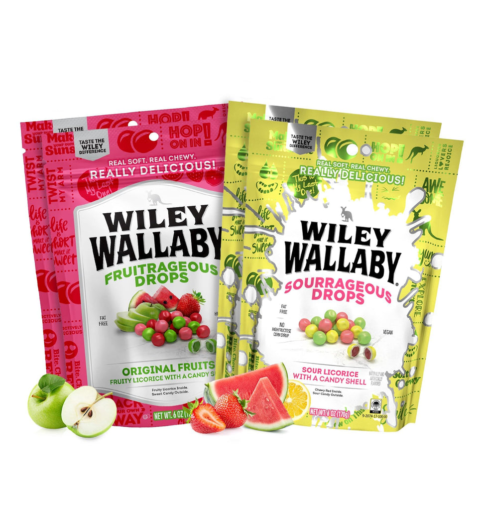 Wiley Wallaby licorice drops sourrageous chewy bite and tangy coating for bold snacking