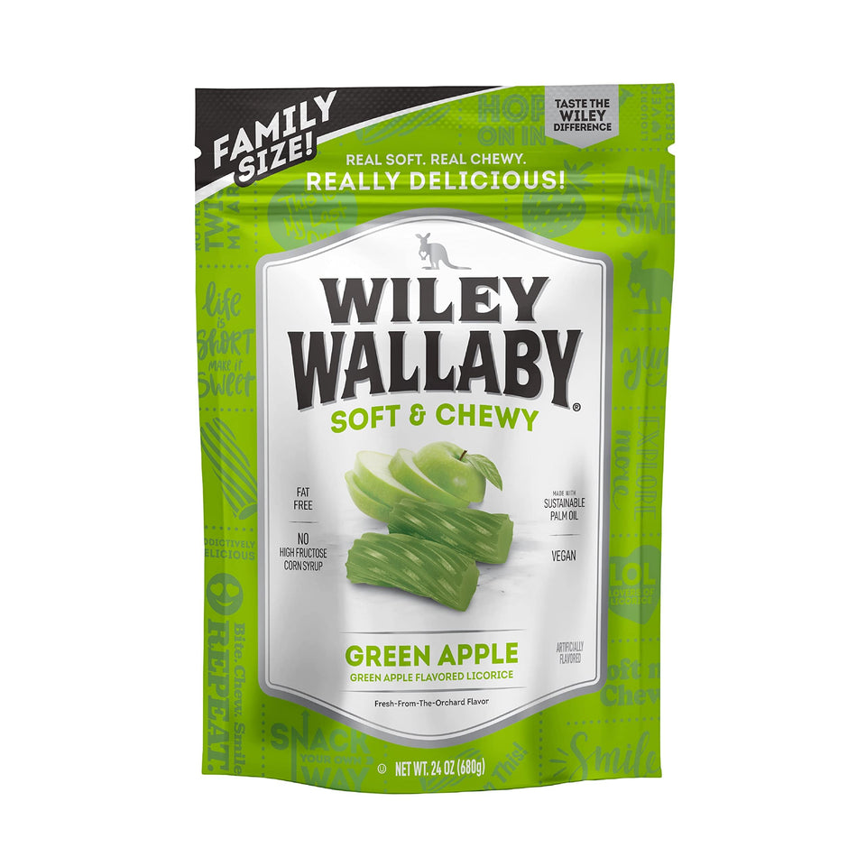 Wiley Wallaby licorice green apple chunks for a soft, fruity snack