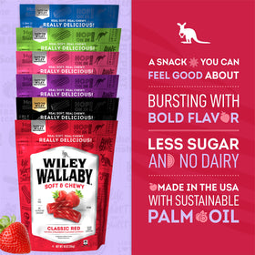 Resealable Wiley Wallaby bag facilitates on-the-go snacking.