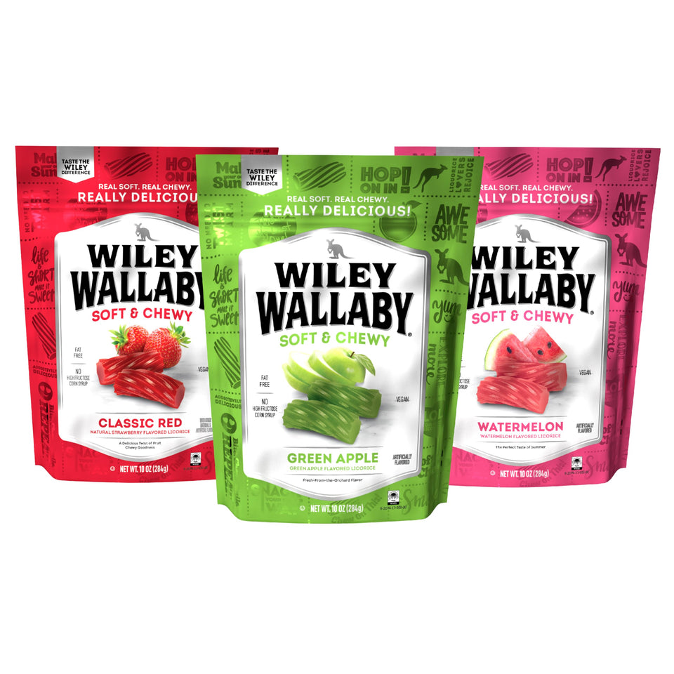 Wiley Wallaby licorice red pieces, soft and chewy, ideal for on-the-go snacking.