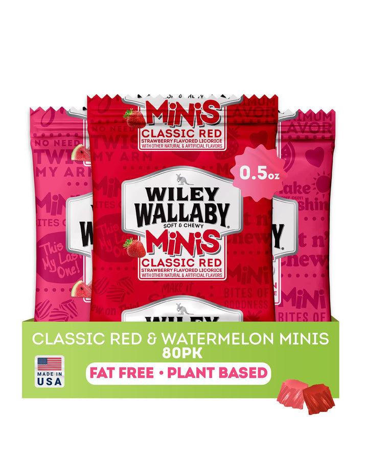 Wiley Wallaby mini licorice bites packaging shown for on-the-go enjoyment