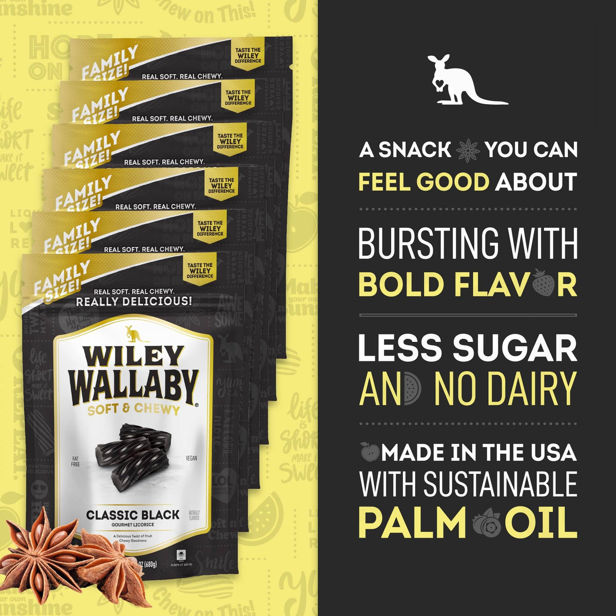 Wiley Wallaby licorice bag highlights reduced-sugar option without compromising taste.