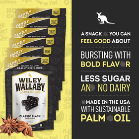 Wiley Wallaby licorice bag highlights reduced-sugar option without compromising taste.