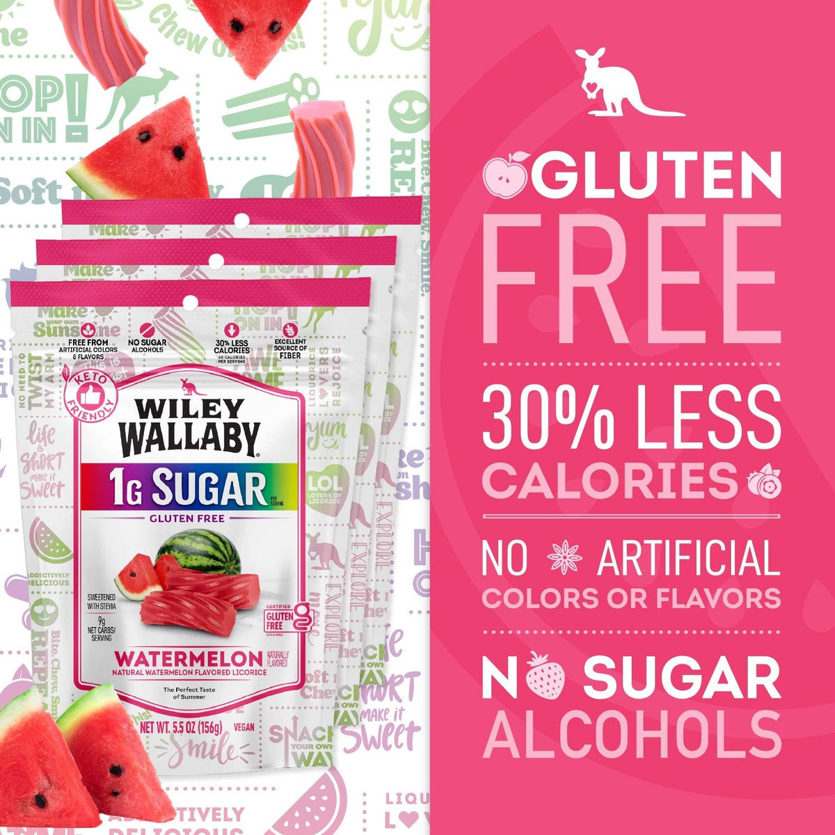 Resealable bag keeps Wiley Wallaby licorice fresh for on-the-go enjoyment.