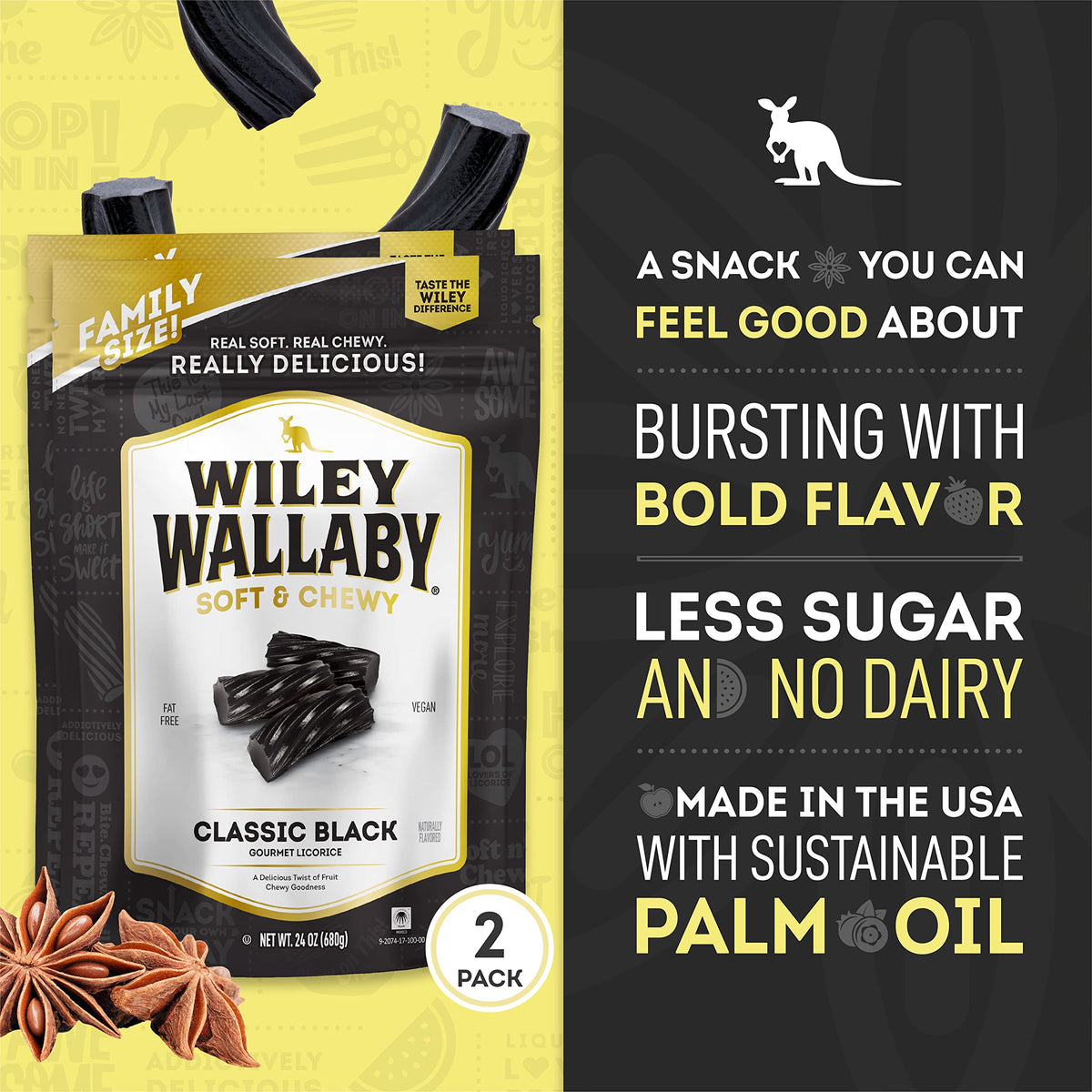 Wiley Wallaby soft-chewy licorice offers dense bites and rich black licorice taste.