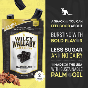 Wiley Wallaby soft-chewy licorice offers dense bites and rich black licorice taste.