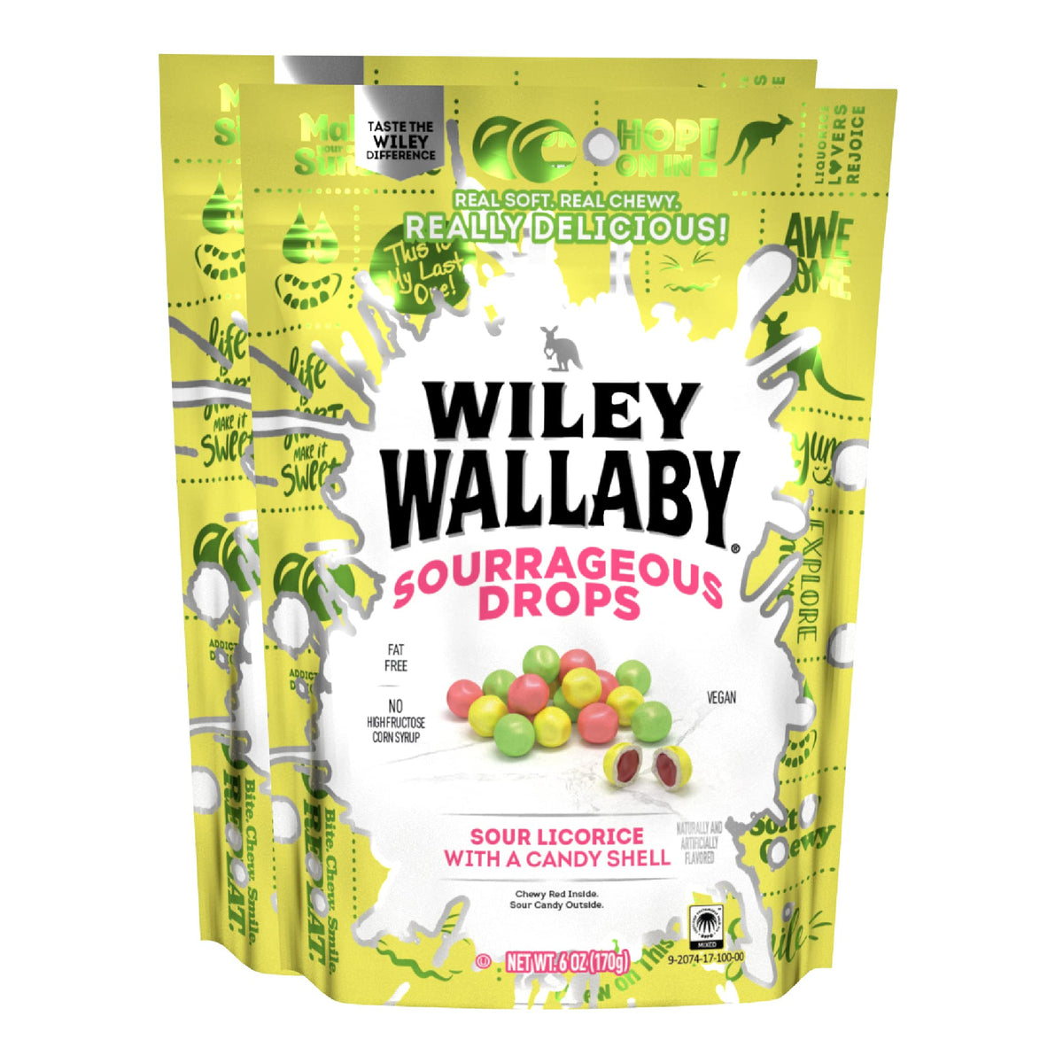 Wiley Wallaby Sourrageous Drops front label showing vibrant packaging, ideal for snacking