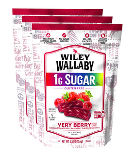 Wiley Wallaby Very Berry licorice bag front view; resealable for on-the-go snacking.