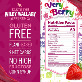 Wiley Wallaby Very Berry licorice twists; shareable fruit flavor treat.