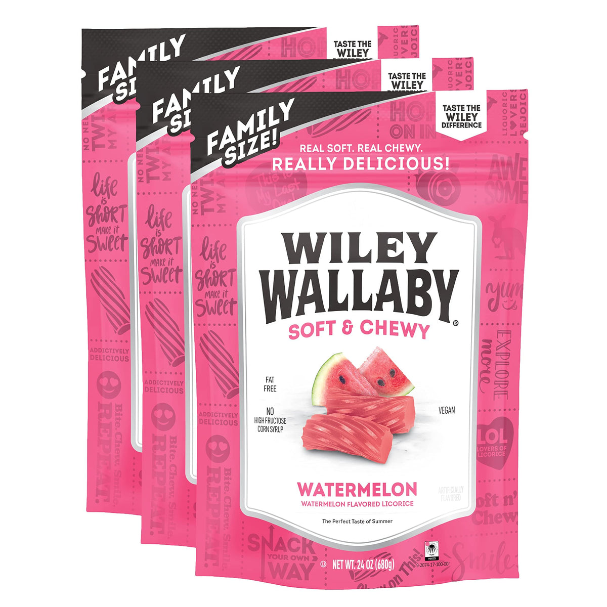 Wiley Wallaby Watermelon licorice bites show soft texture, ideal fruity snack.