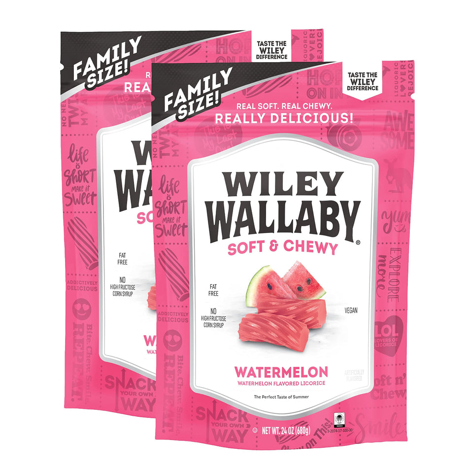 Wiley Wallaby Watermelon Licorice soft-chewy chunks for a fruity snack.