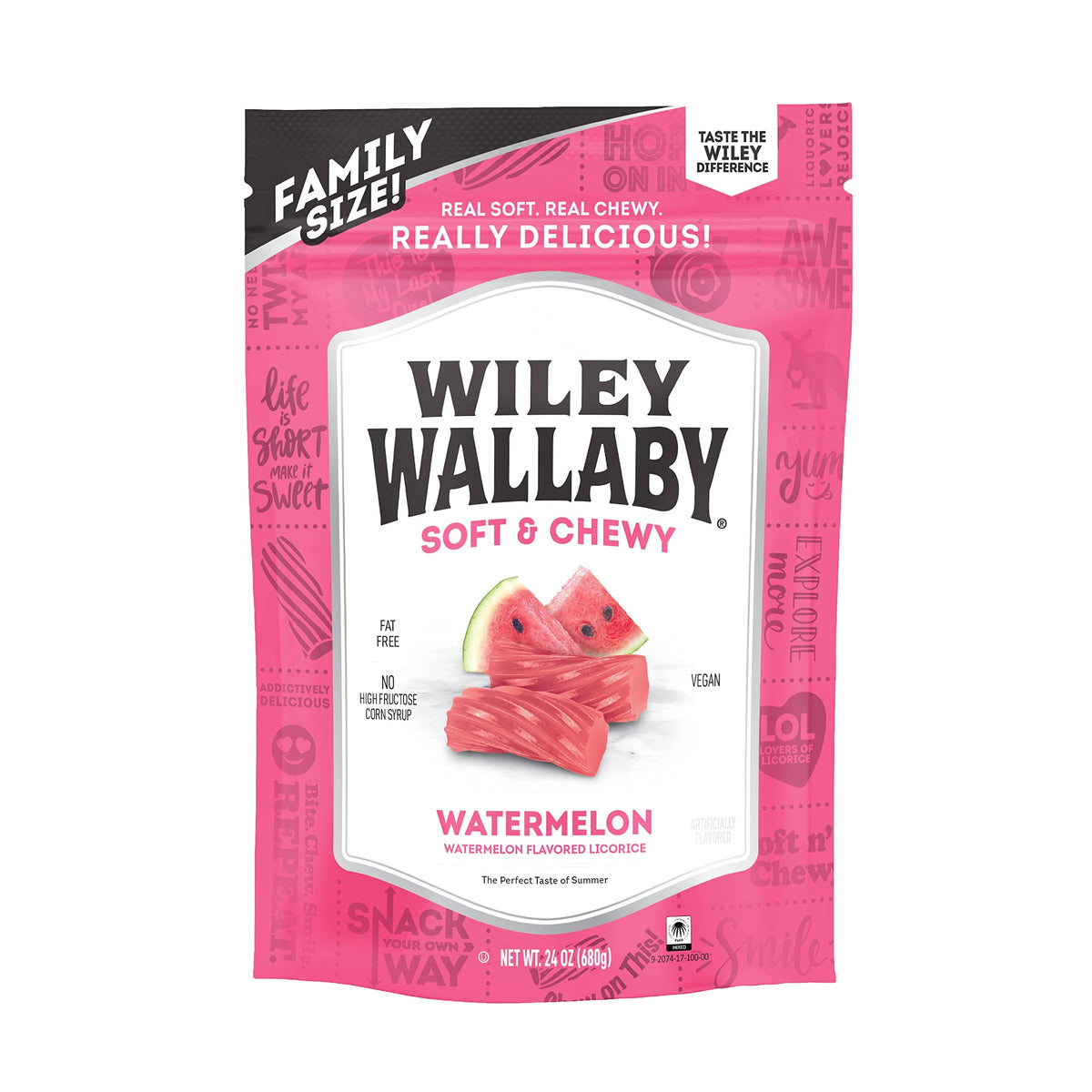 Wiley Wallaby Watermelon Licorice twists in a resealable bag, ideal for on-the-go snacking.