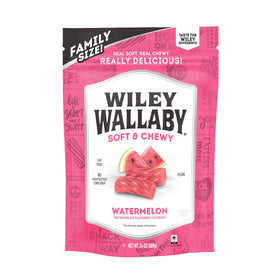 Wiley Wallaby Watermelon Licorice twists in a resealable bag, ideal for on-the-go snacking.