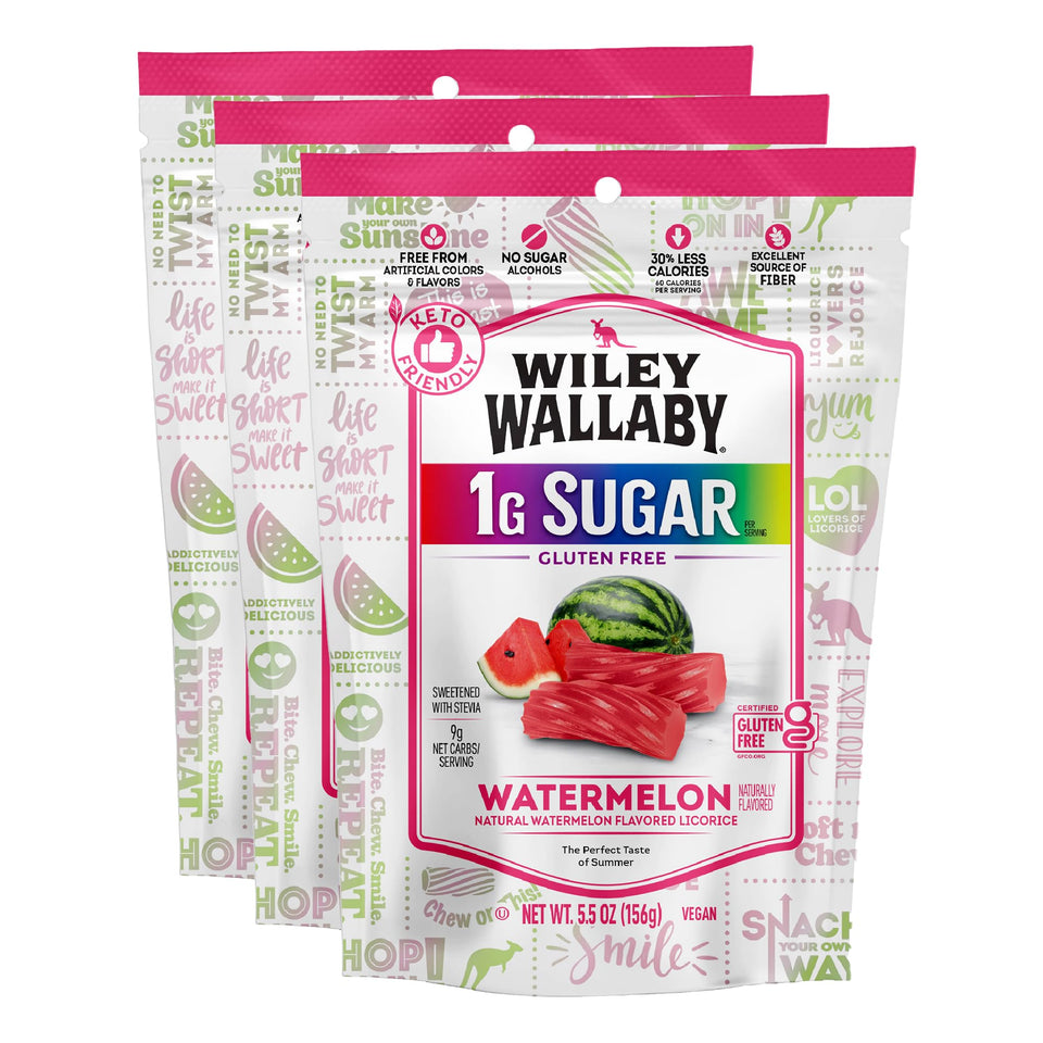 Wiley Wallaby Watermelon Licorice Twists in a 3-pack for easy sharing and tasting.