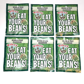 Wiley's Beans and Peas Seasoning packaging shown for quick legume flavor.
