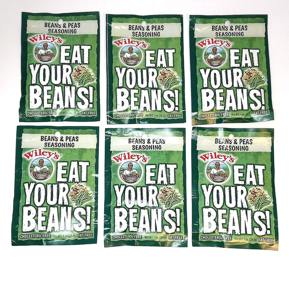 Wiley's Beans and Peas Seasoning packaging shown for quick legume flavor.