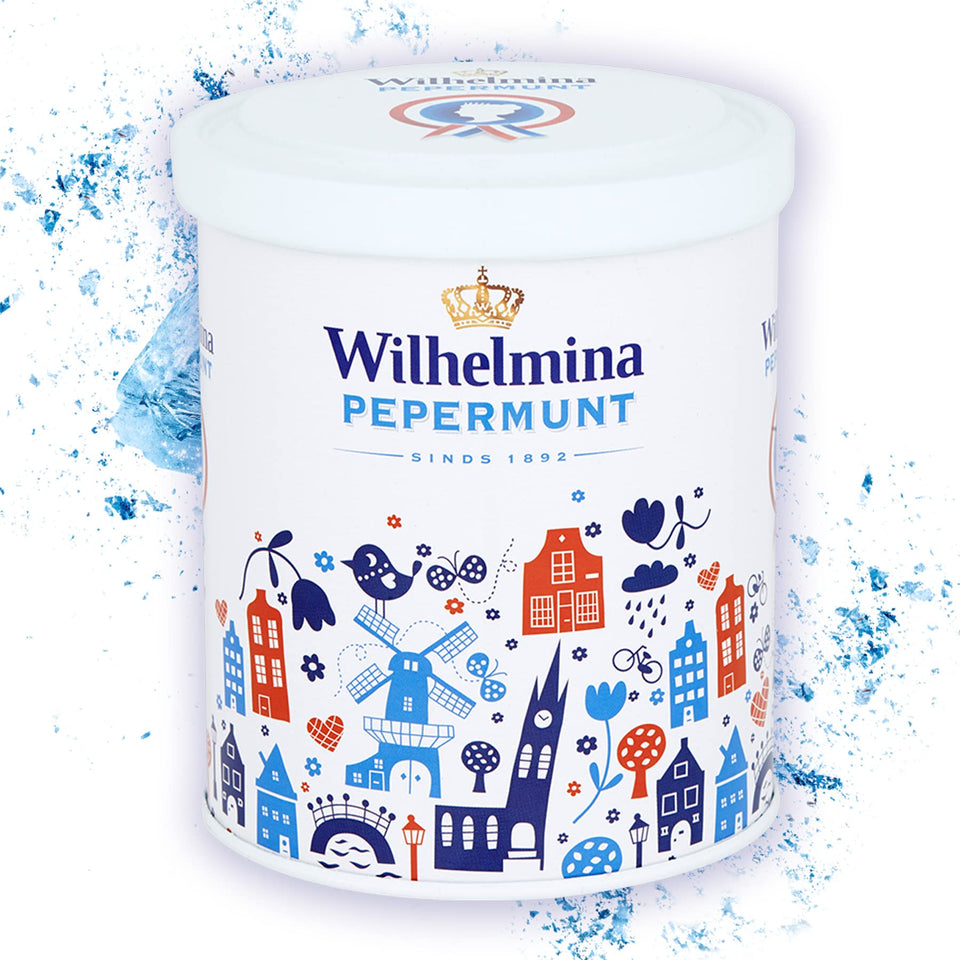 Wilhelmina Fortuin Peppermints Holland tin front view, premium gift option.