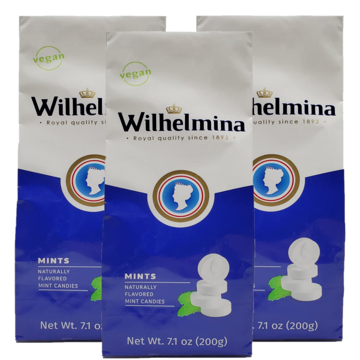 Wilhelmina Mints 3-pack packaging for on-the-go breath refreshment.
